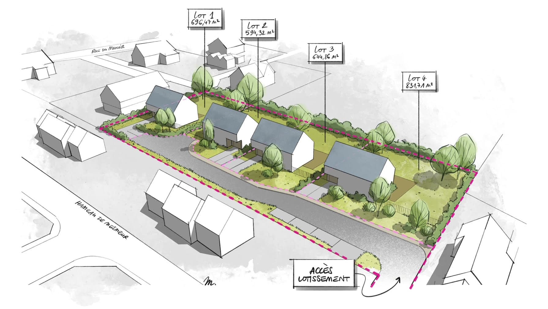 Vue perspective du lotissement Terre des Druides – 4 lots viabilisés à Tréméoc (29120)